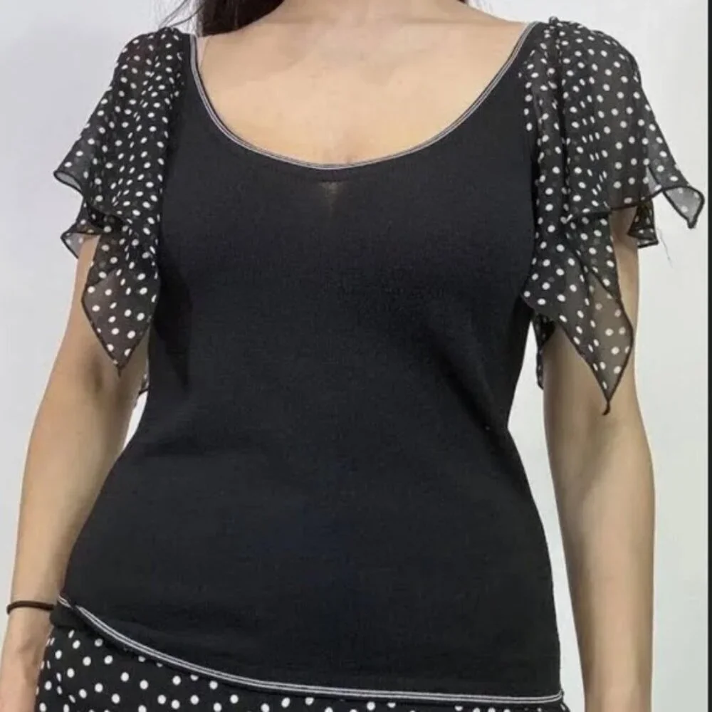 Escada Polkadot Silk Open Sleeve Blouse Top Size Large